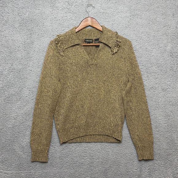 JEANNE PIERRE Sweaters - Vtg JEANNE PIERRE V-neck Sweater Women M Knit Cotton Fringe Collar Brown‎ Green